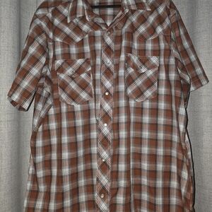Wrangler Western Shirt Mens XLarge Brown Plaid Pearl Snap Short Sleeve